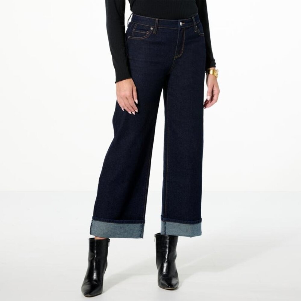 TWRHLL Christie Brinkley Wide Leg Cuffed Jean Size 12 Blue Denim Dark Wash NEW